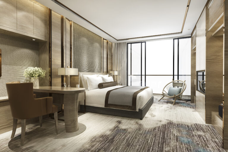 3d rendering luxury classic modern bedroom suite in hotel